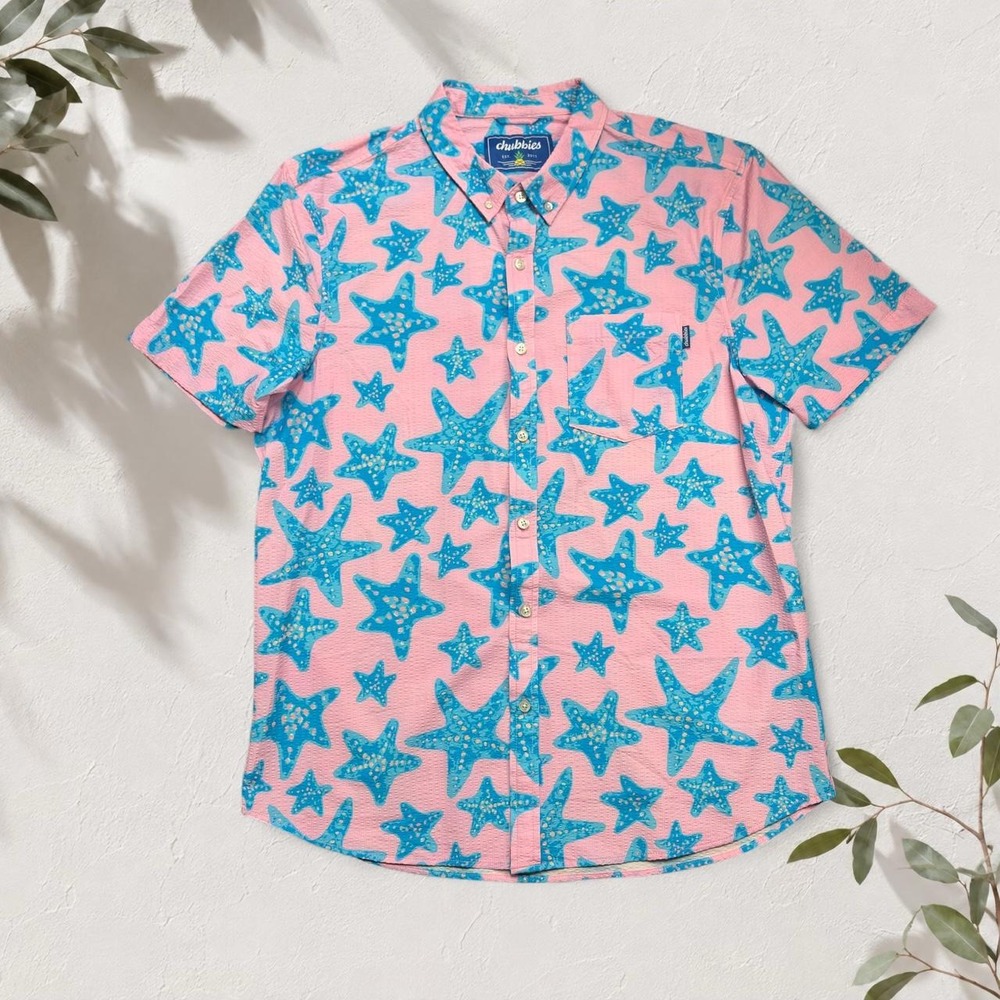 Chubbies The Texture Starfish Pink Blue Button Shirt Mens XL Short Sleeve Hawaii